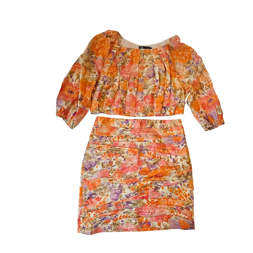 Zara Floral Two‎ Piece Set Orange Purple Ruched Mini Skirt Pleated Crop Top Med